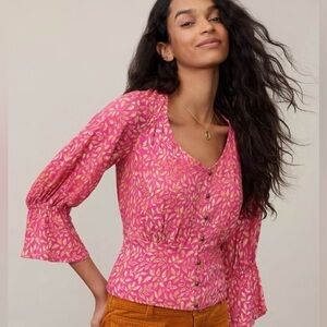 Maeve by Anthropologie Pink Leaf Print Peplum Blouse NWT Size M